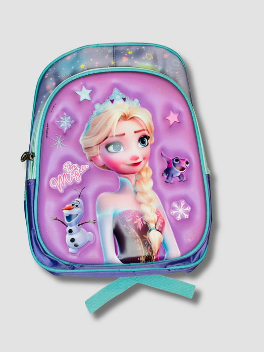 Front view of Frozen kids backpack featuring Princess Elsa and Olaf with purple and teal accents