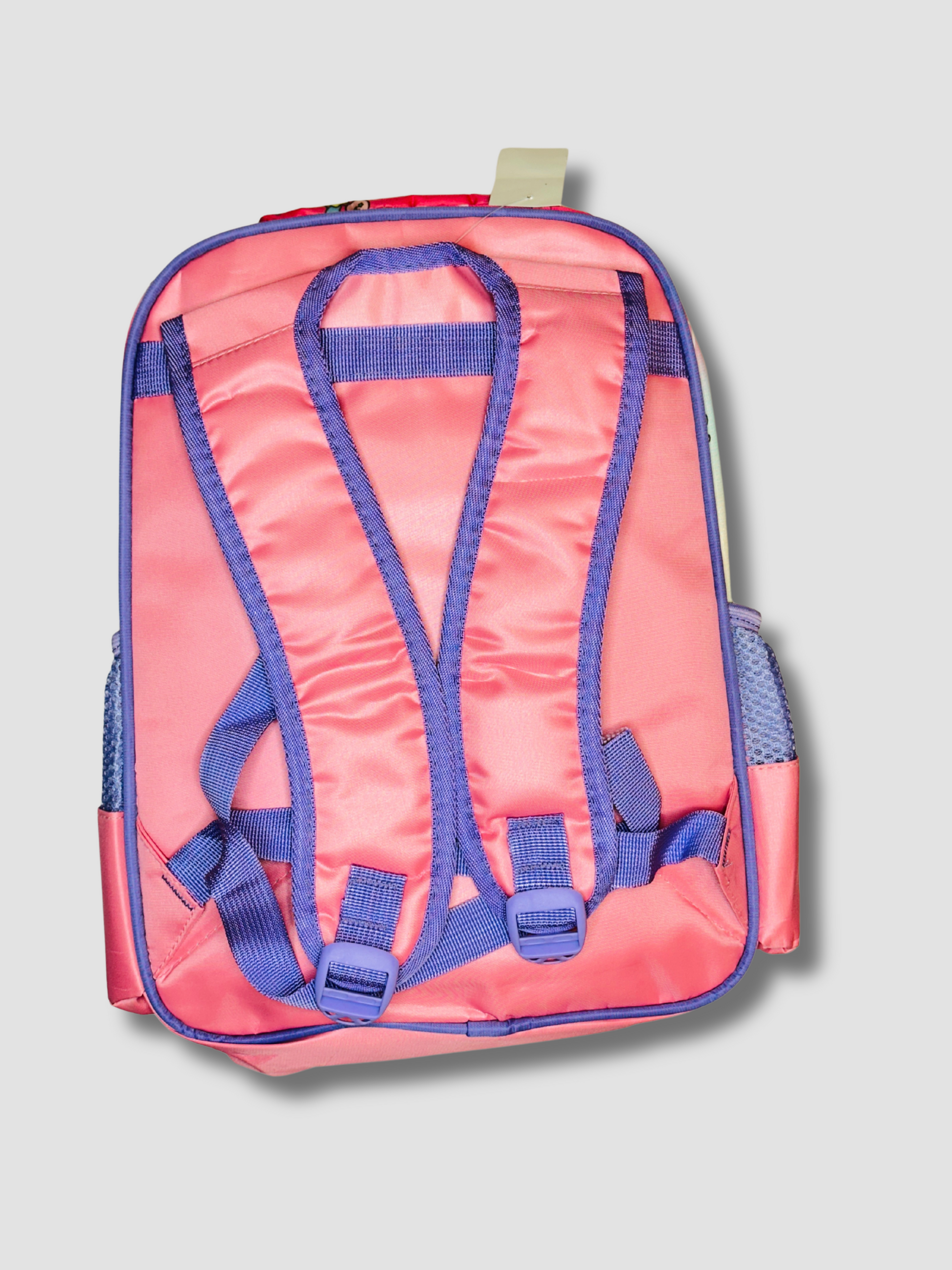 Back view of pink backpack showing adjustable padded shoulder straps in purple