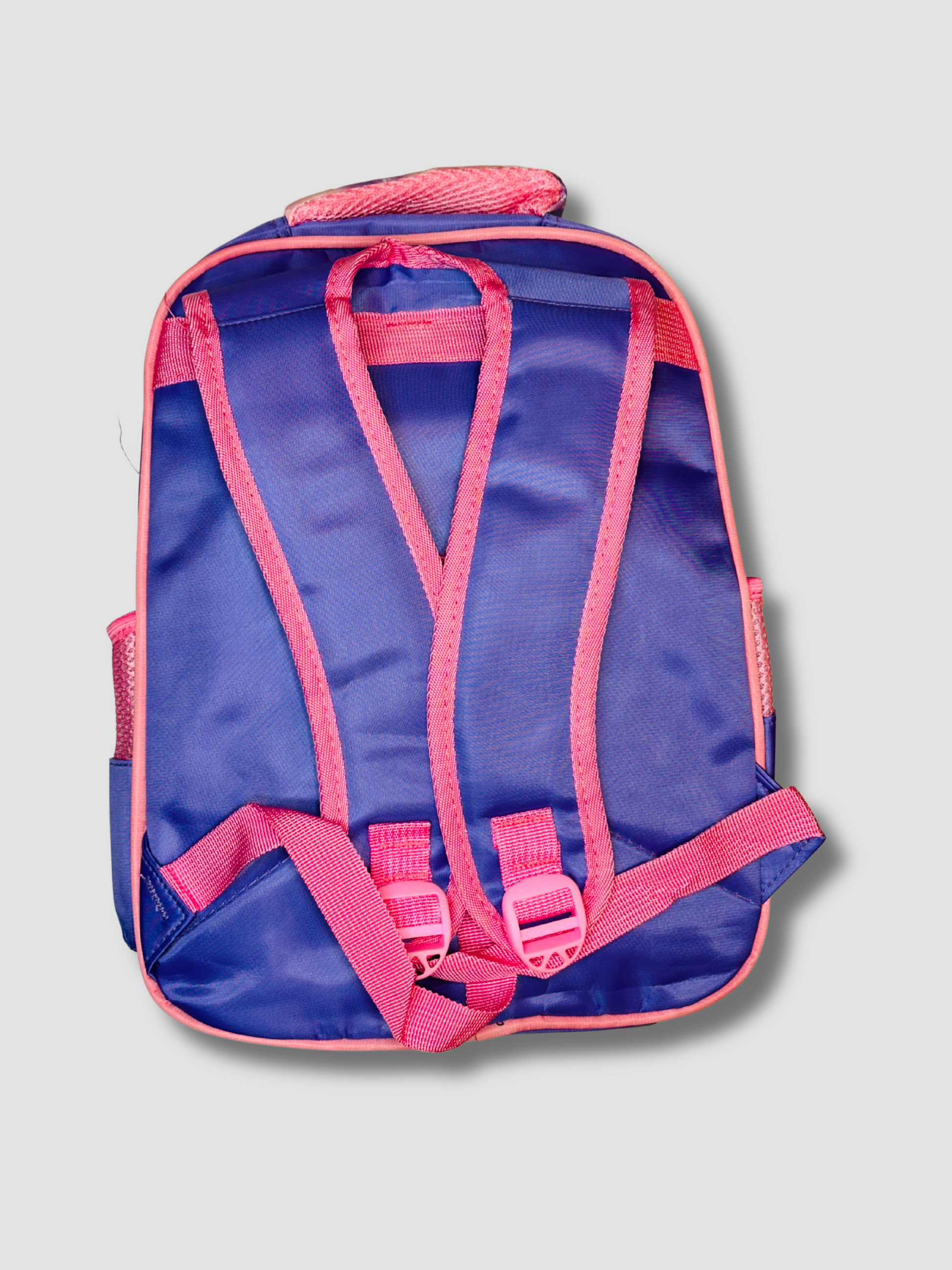 Back view of the mermaid kids backpack showing adjustable padded pink straps and a blue fabric base designed for comfort and support